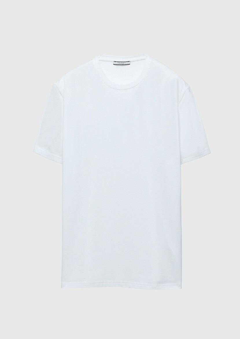 Beyaz Düz Bisiklet Yaka Pamuk Karışımlı T-Shirt - 8