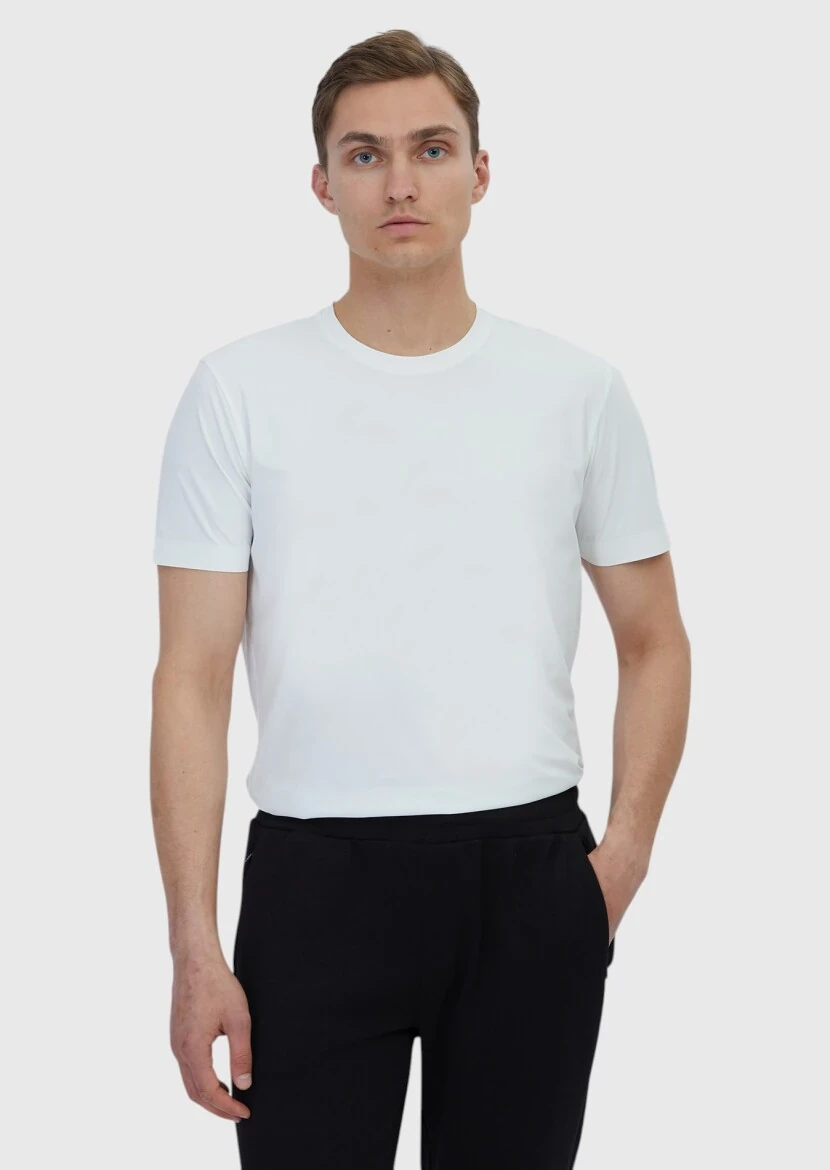 Beyaz Düz Bisiklet Yaka T-Shirt - 1