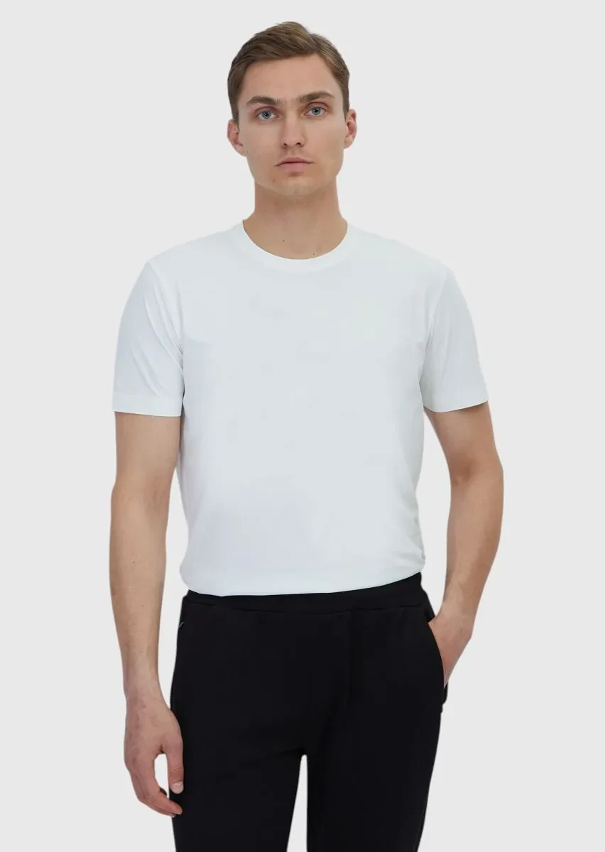 Beyaz Düz Bisiklet Yaka T-Shirt - 1