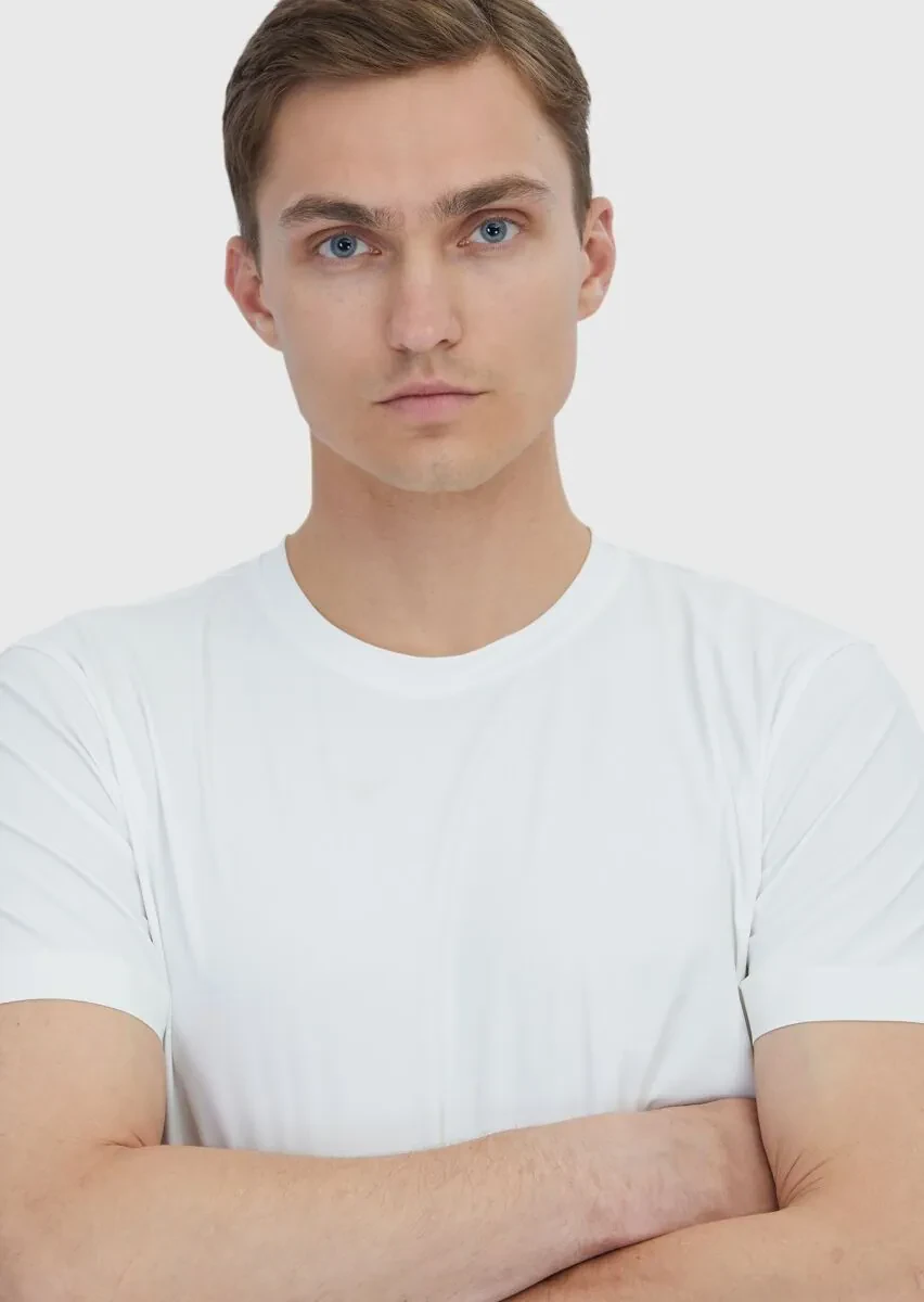 Beyaz Düz Bisiklet Yaka T-Shirt - 3