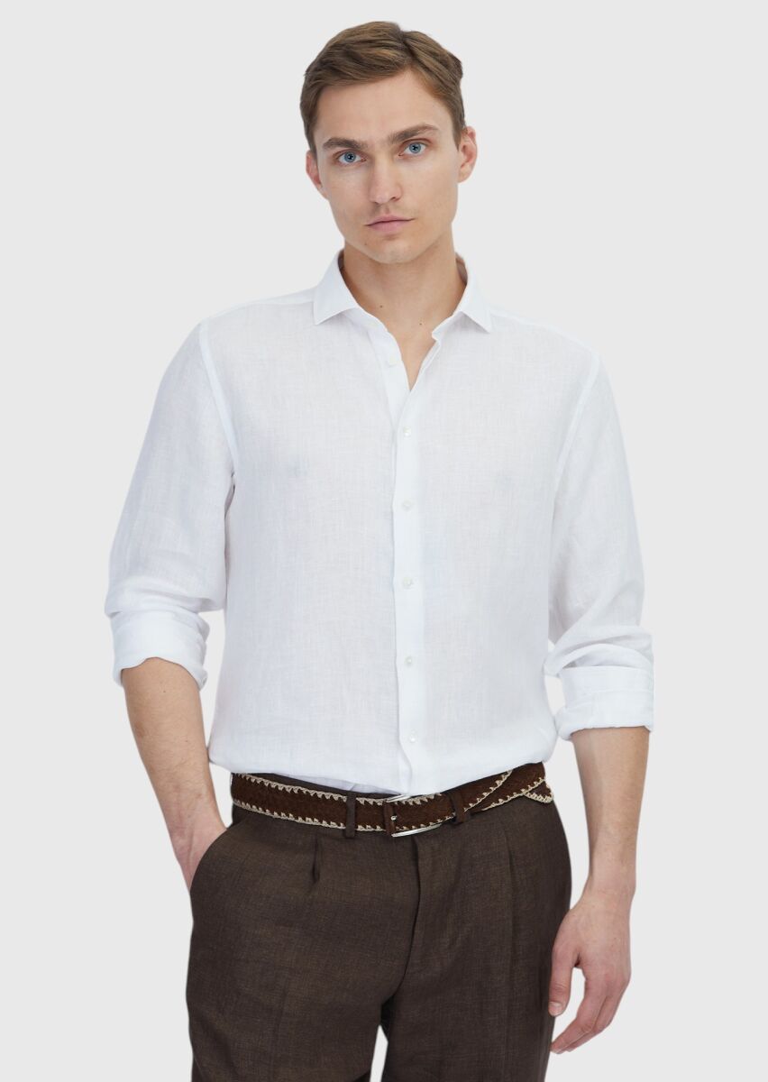 Beyaz Düz Casual Fit Dokuma Casual %100 Keten Gömlek - 1