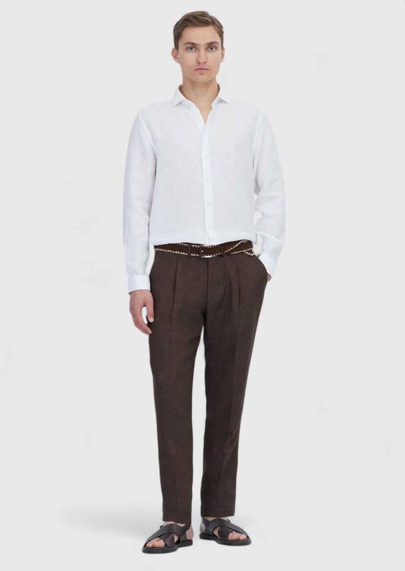 Beyaz Düz Casual Fit Dokuma Casual %100 Keten Gömlek 