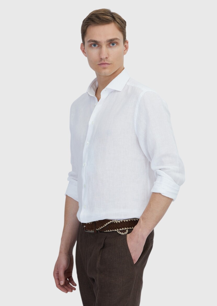 Beyaz Düz Casual Fit Dokuma Casual %100 Keten Gömlek - 3