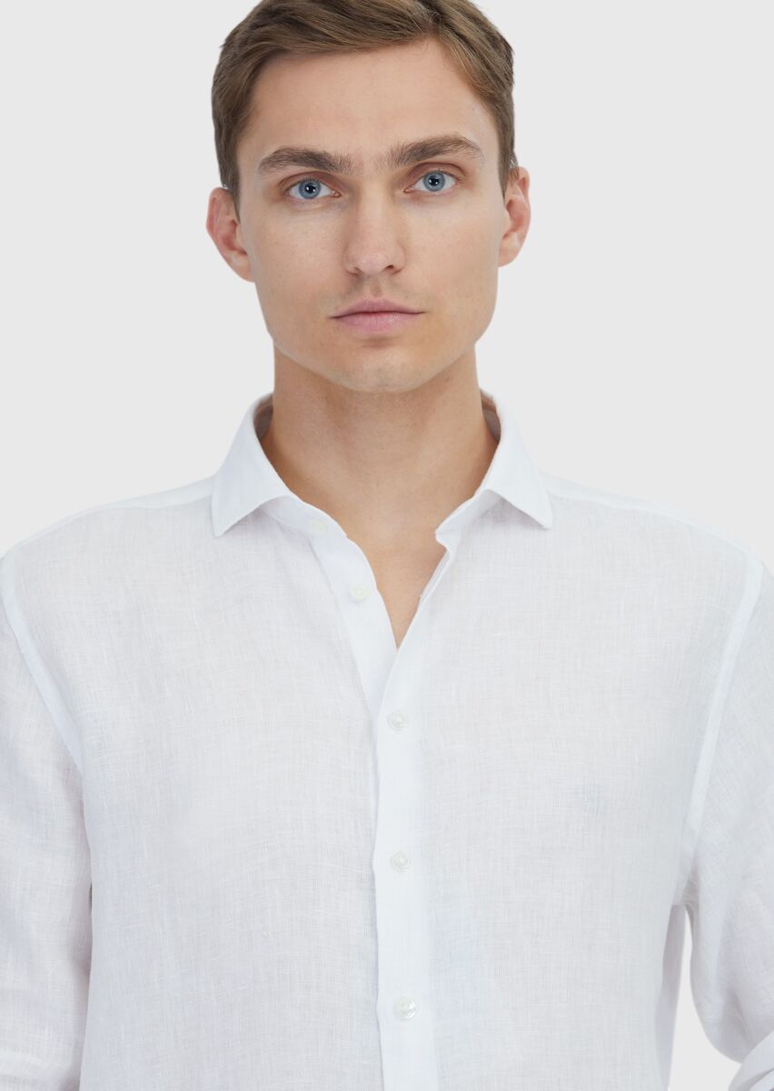 Beyaz Düz Casual Fit Dokuma Casual %100 Keten Gömlek - 4