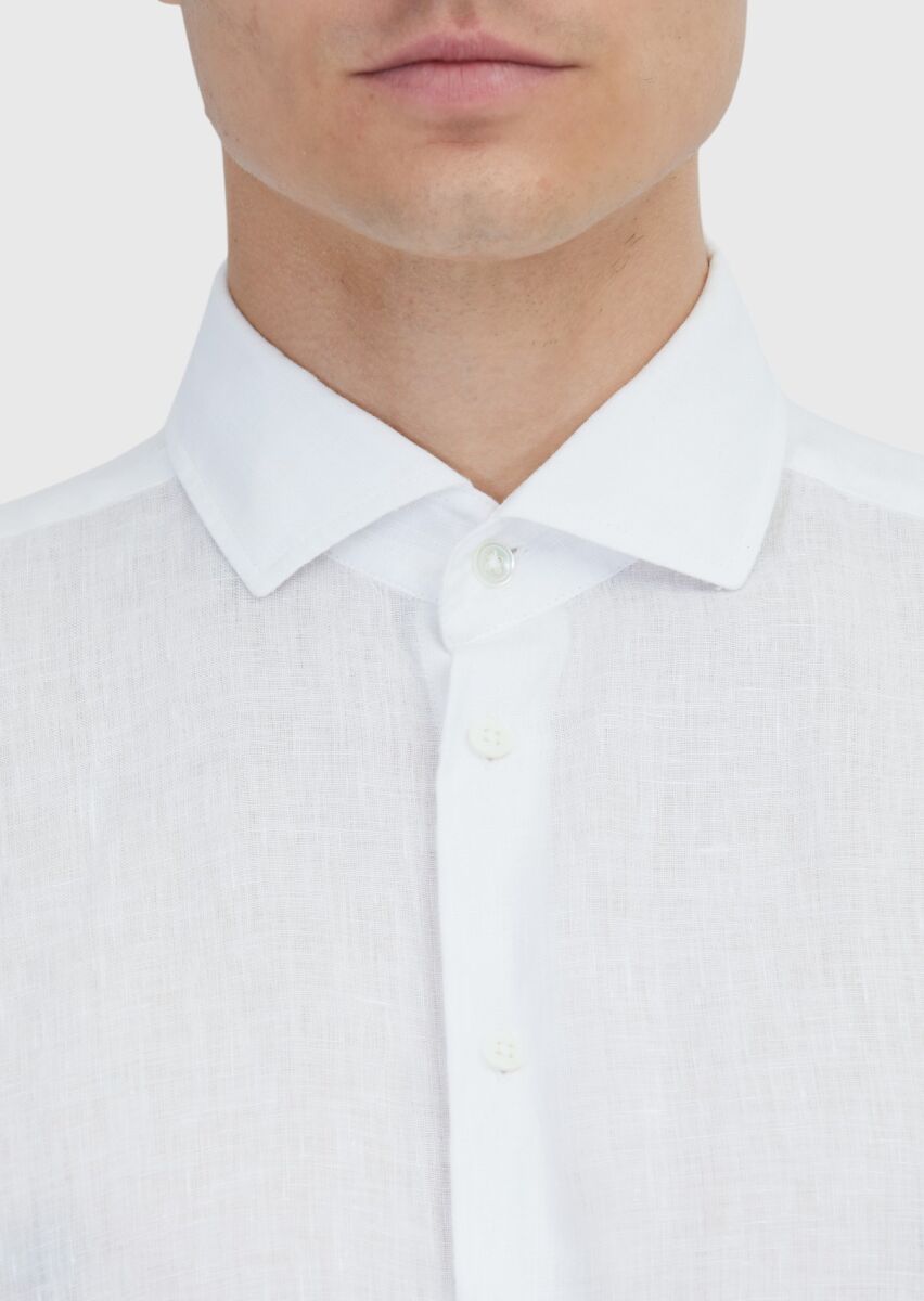Beyaz Düz Casual Fit Dokuma Casual %100 Keten Gömlek - 5