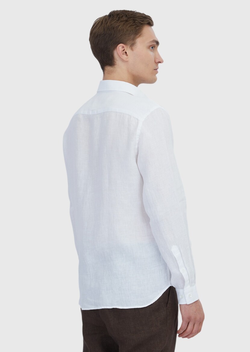 Beyaz Düz Casual Fit Dokuma Casual %100 Keten Gömlek - 6
