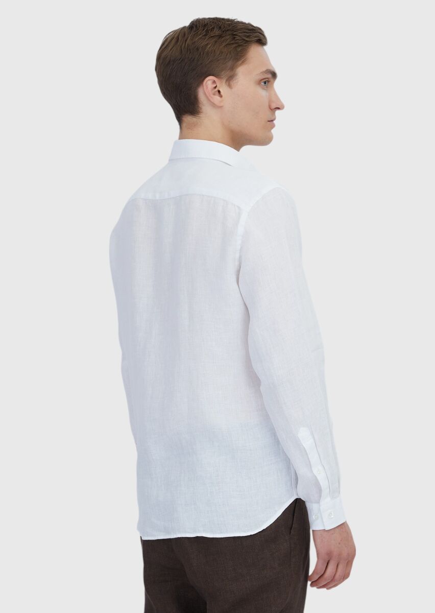 Beyaz Düz Casual Fit Dokuma Casual %100 Keten Gömlek - 6