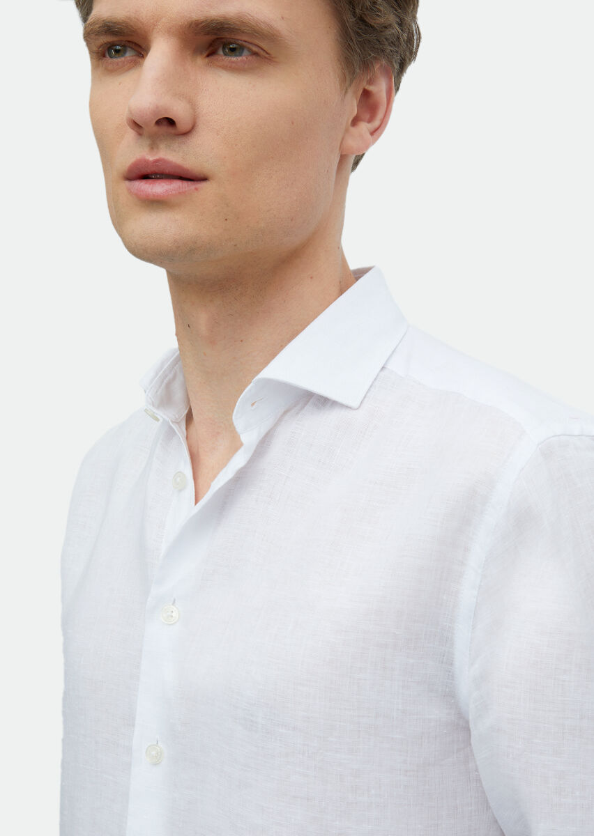 Beyaz Düz Casual Fit Dokuma Casual %100 Keten Gömlek - 5