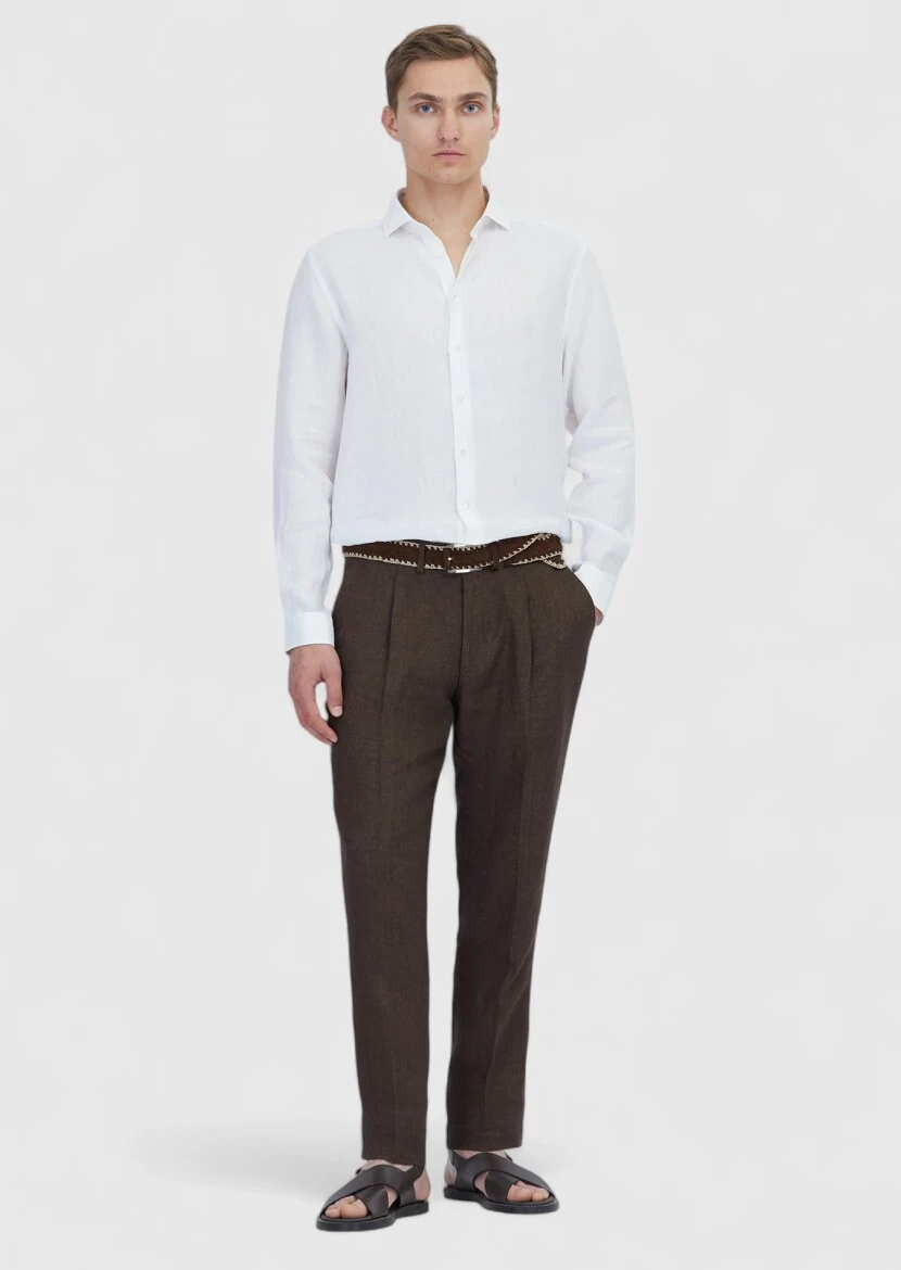 Beyaz Düz Casual Fit Dokuma Casual %100 Keten Gömlek 