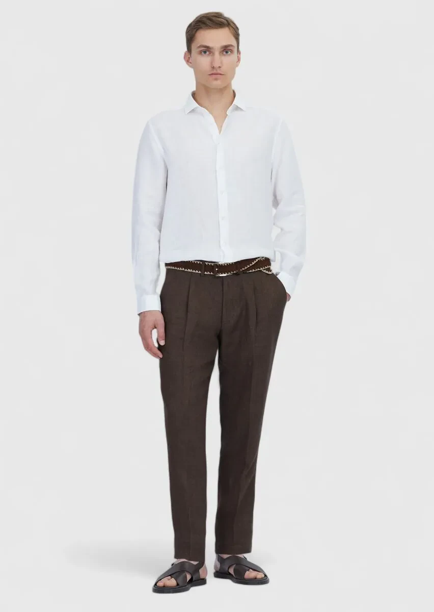 Beyaz Düz Casual Fit Dokuma Casual %100 Keten Gömlek - 2