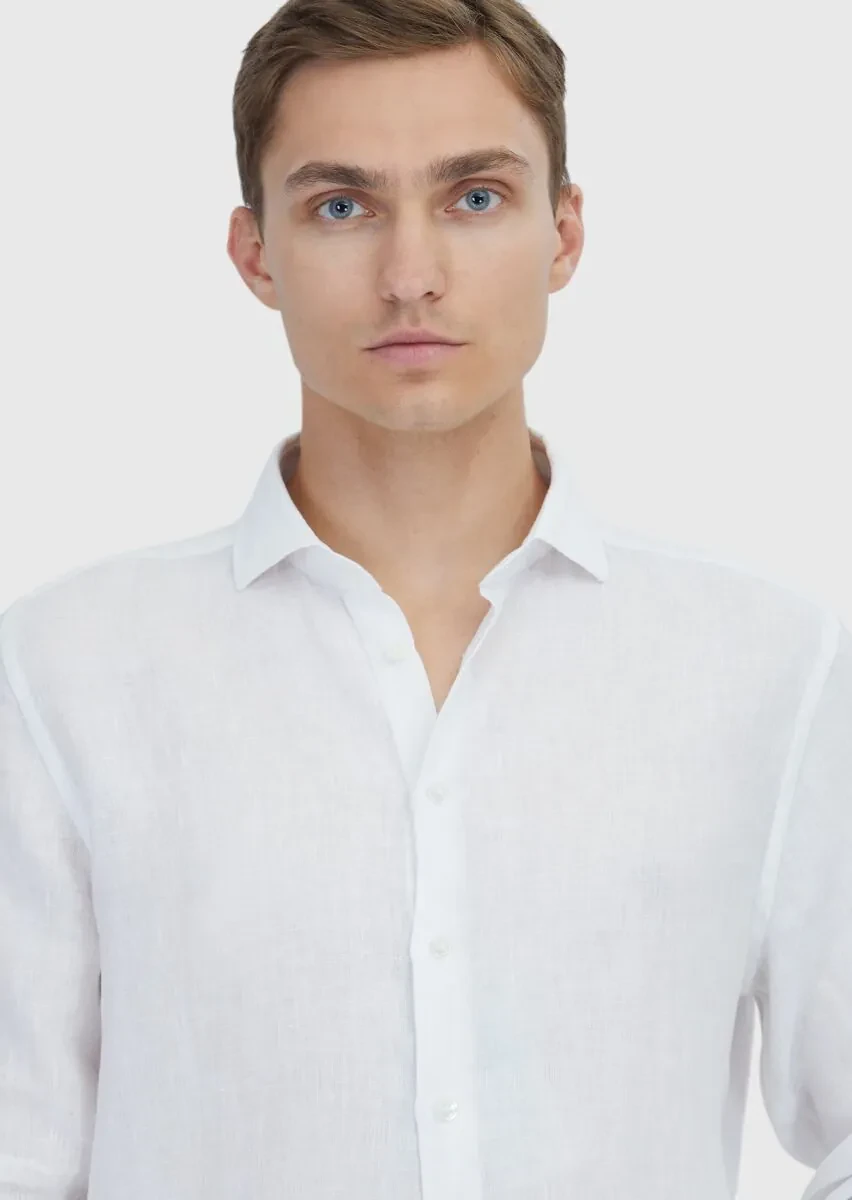 Beyaz Düz Casual Fit Dokuma Casual %100 Keten Gömlek - 4