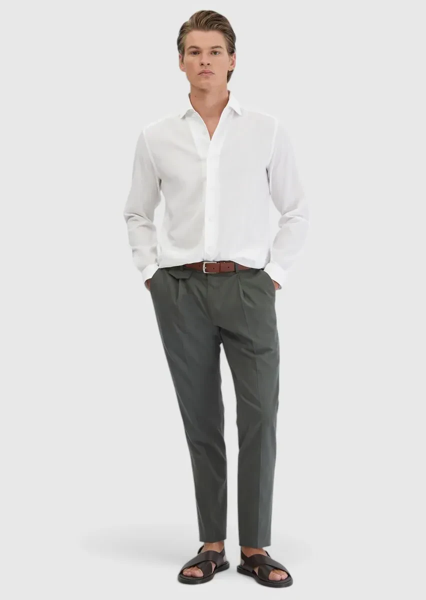 Beyaz Düz Casual Fit Dokuma Casual %100 Pamuk Gömlek - 2