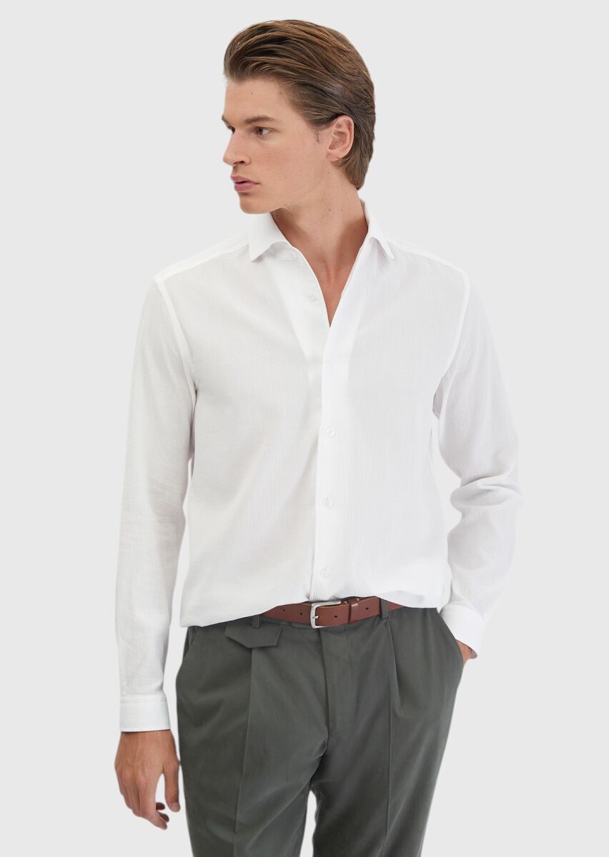 Beyaz Düz Casual Fit Dokuma Casual %100 Pamuk Gömlek - 1