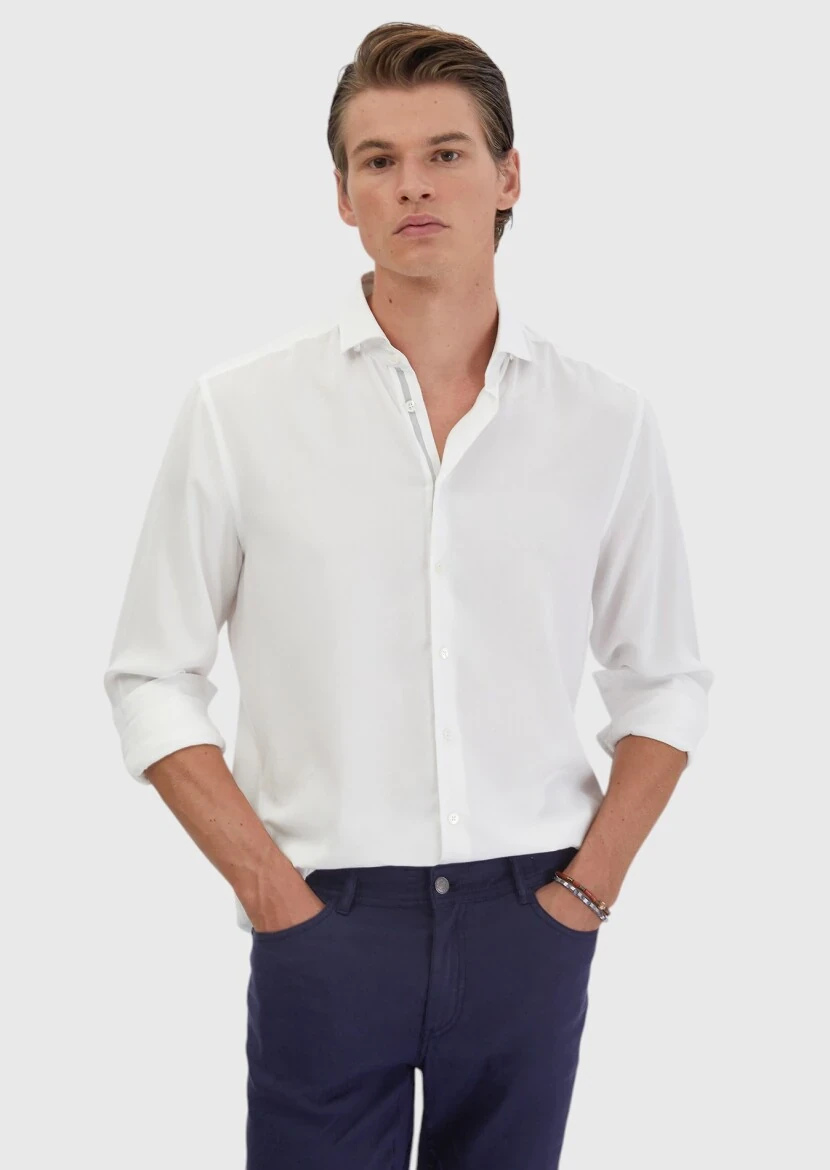 Beyaz Düz Casual Fit Dokuma Casual Gömlek - 1