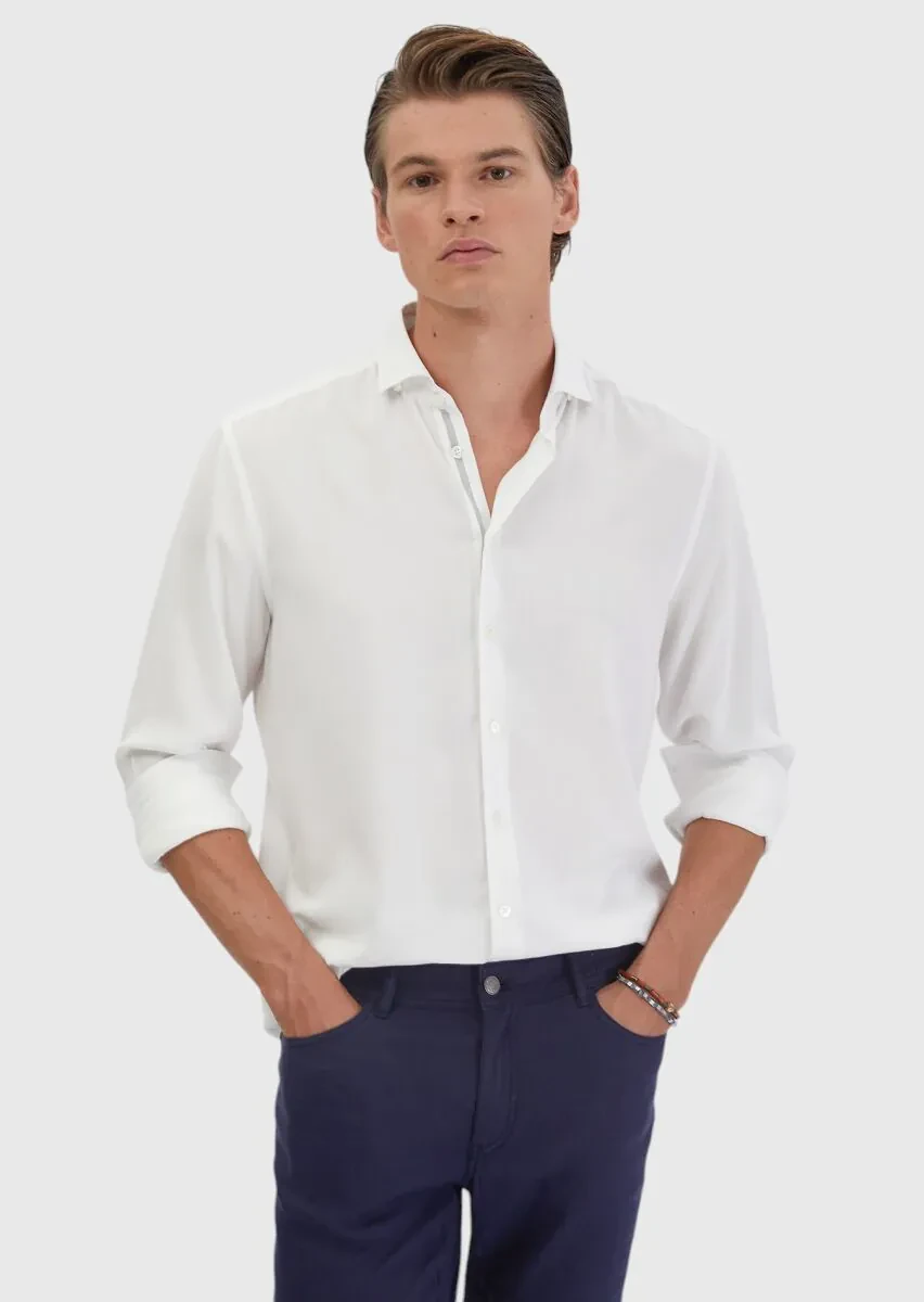Beyaz Düz Casual Fit Dokuma Casual Gömlek - 1
