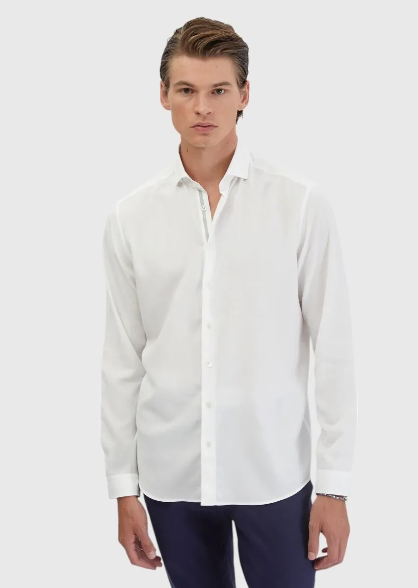Beyaz Düz Casual Fit Dokuma Casual Gömlek - 3