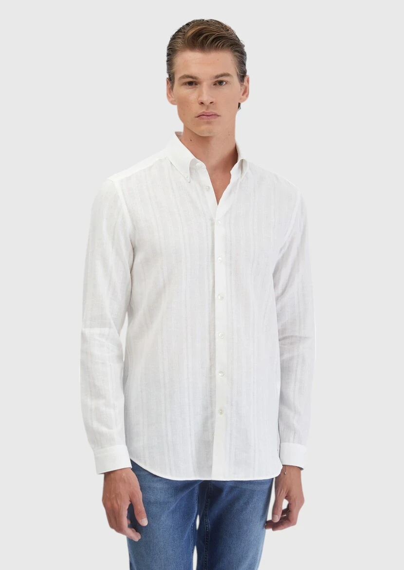 Beyaz Düz Casual Fit Dokuma Casual Pamuk Karışımlı Gömlek - 3