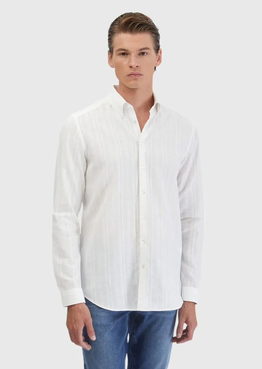 Beyaz Düz Casual Fit Dokuma Casual Pamuk Karışımlı Gömlek - 3