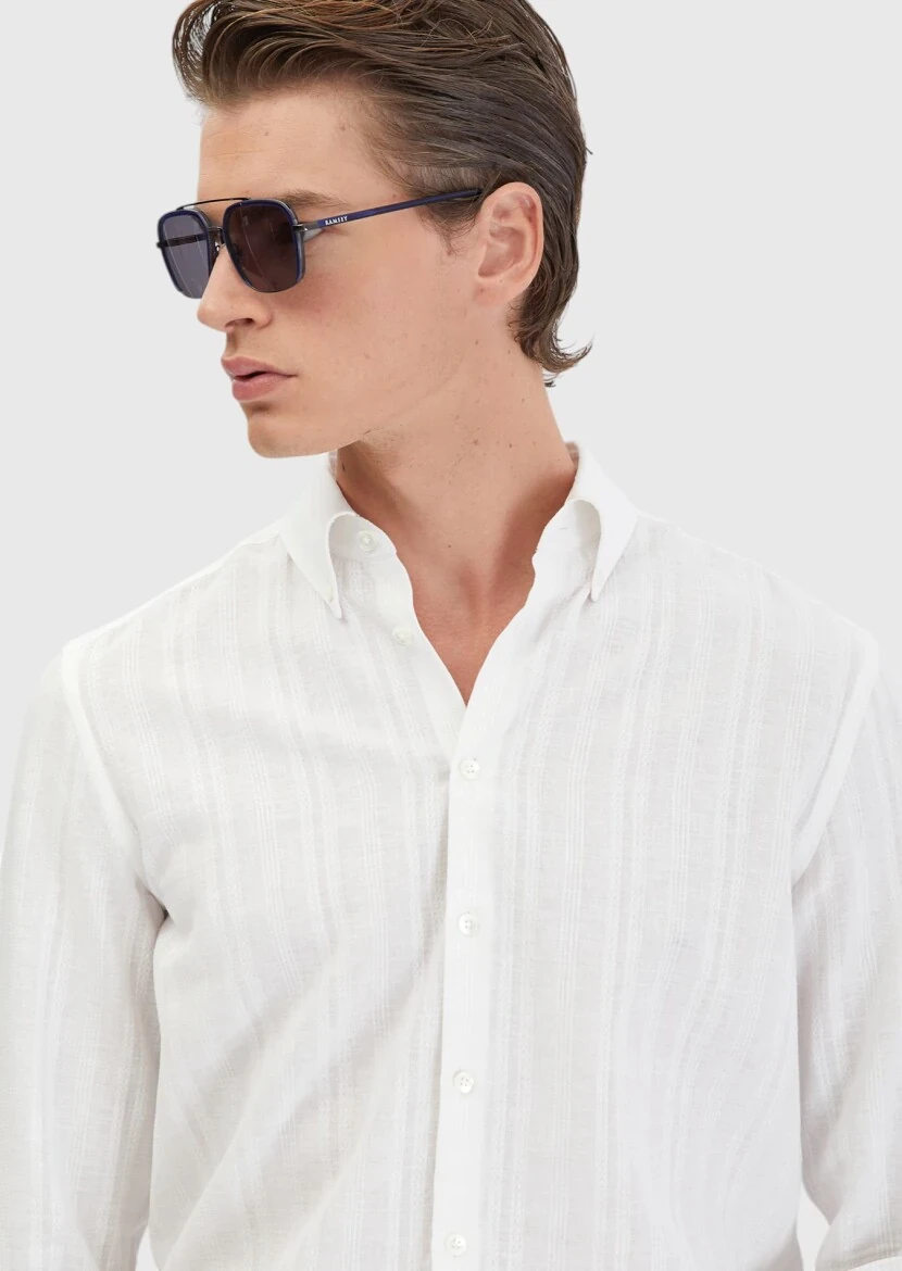 Beyaz Düz Casual Fit Dokuma Casual Pamuk Karışımlı Gömlek - 4