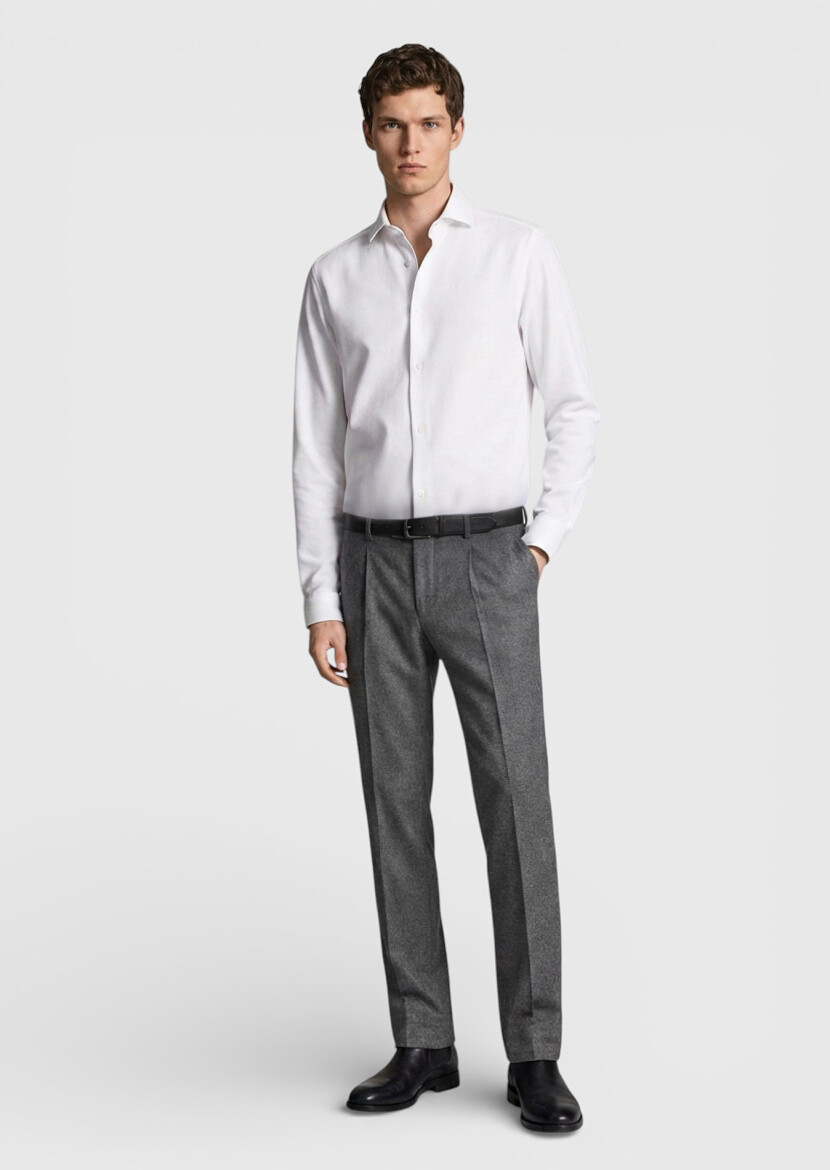 Beyaz Düz Casual Fit Uzun Casual %100 Pamuk Gömlek - 2