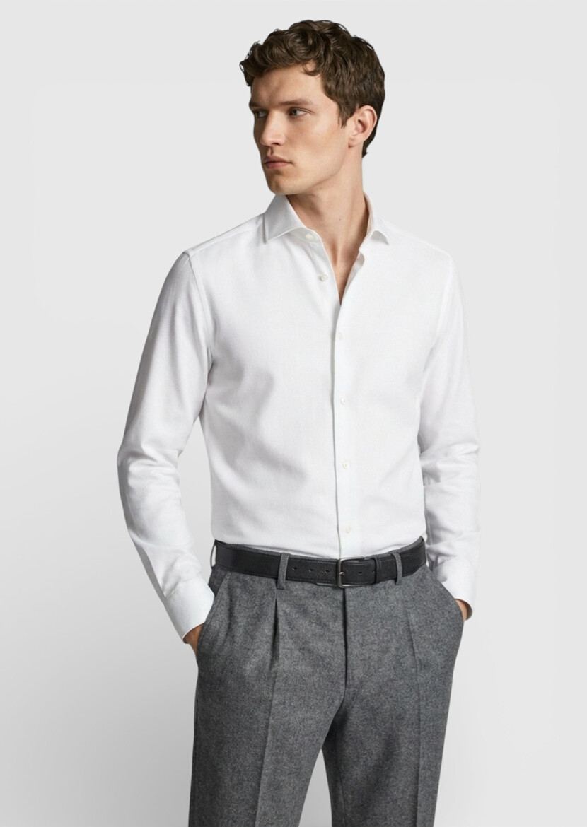 Beyaz Düz Casual Fit Uzun Casual %100 Pamuk Gömlek - 3