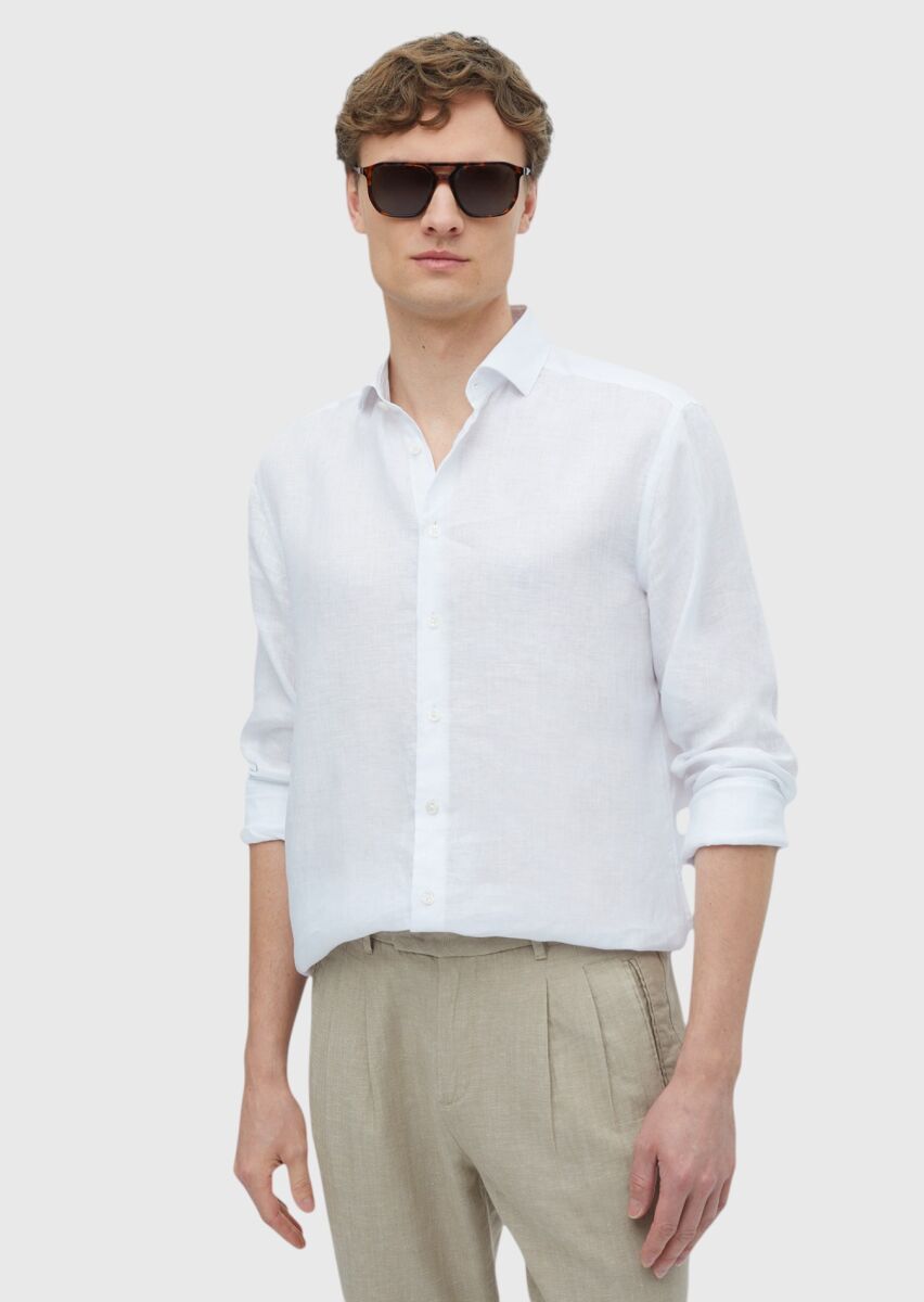 Beyaz Düz Casual Fit Uzun Dokuma Casual %100 Keten Gömlek - 1
