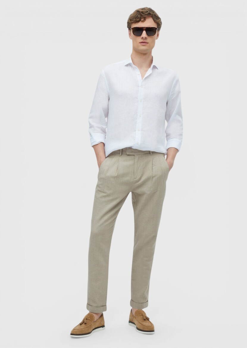 Beyaz Düz Casual Fit Uzun Dokuma Casual %100 Keten Gömlek 