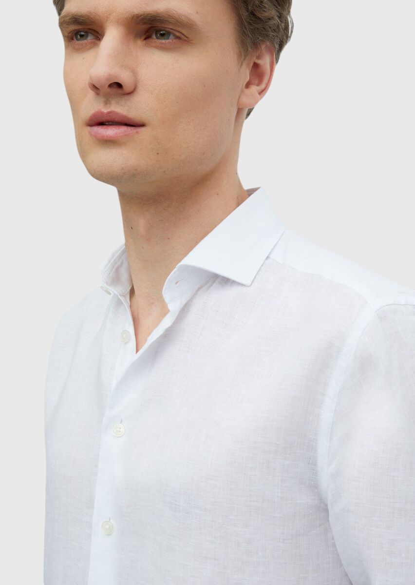 Beyaz Düz Casual Fit Uzun Dokuma Casual %100 Keten Gömlek - 5