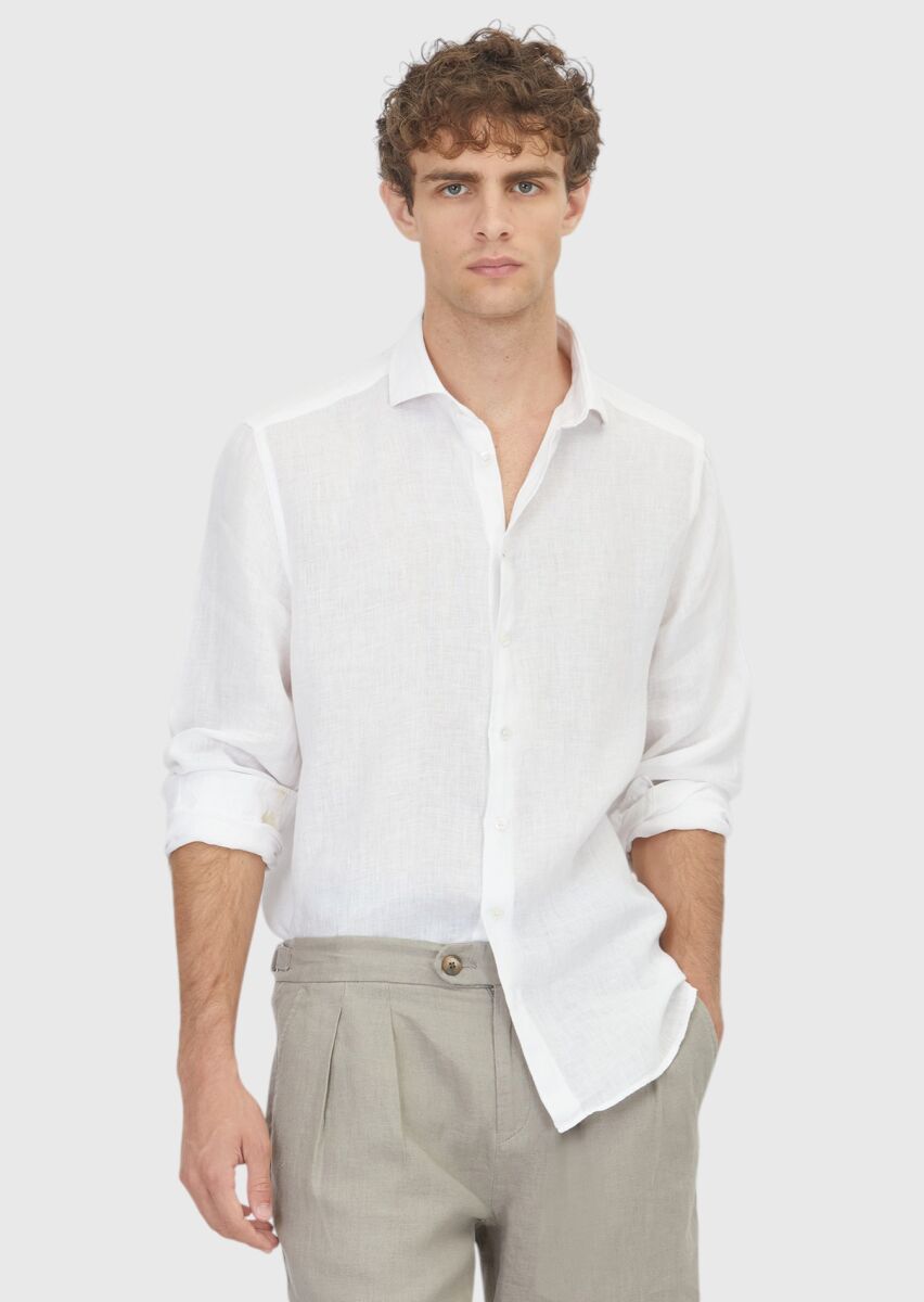 Beyaz Düz Casual Fit Uzun Dokuma Casual %100 Keten Gömlek - 1
