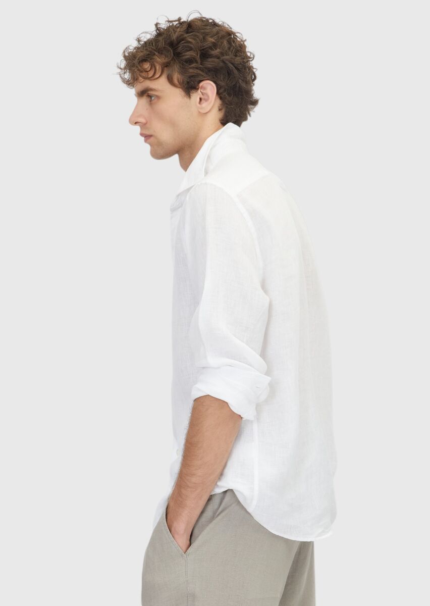 Beyaz Düz Casual Fit Uzun Dokuma Casual %100 Keten Gömlek - 4