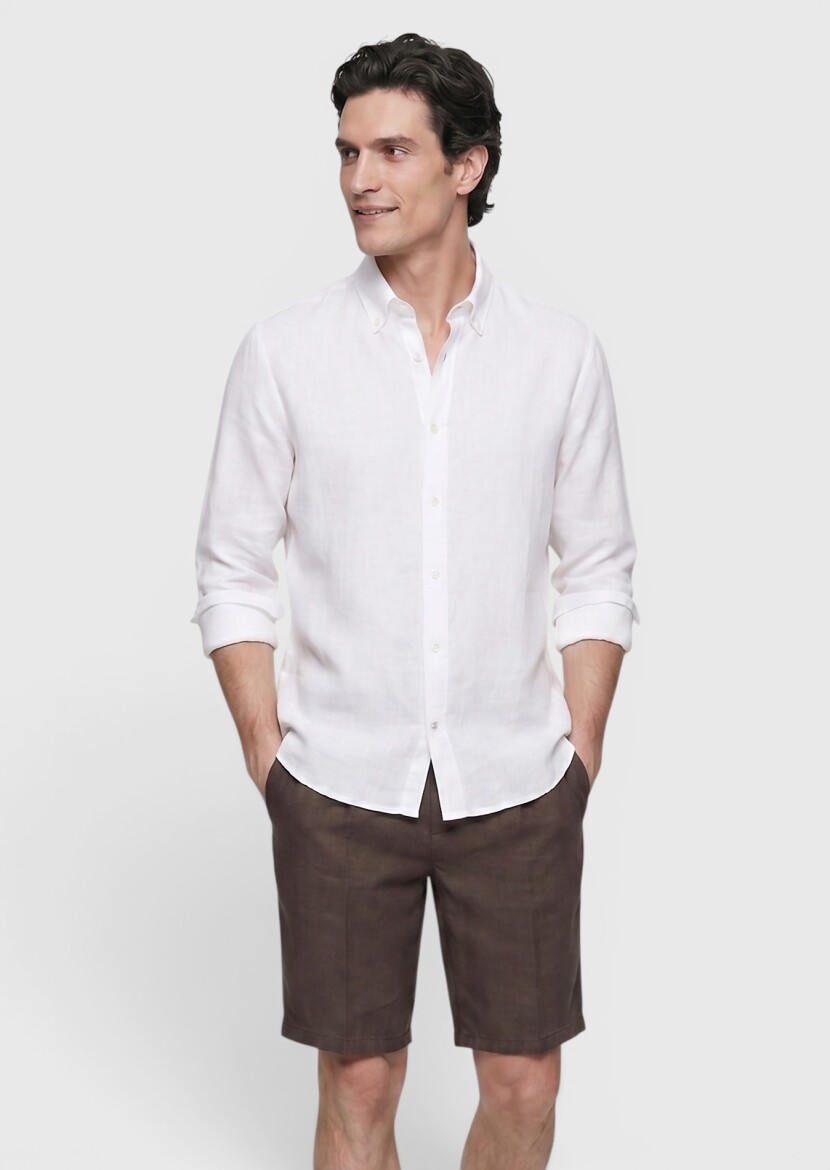Beyaz Düz Casual Fit Uzun Dokuma Casual %100 Keten Gömlek - RAMSEY
