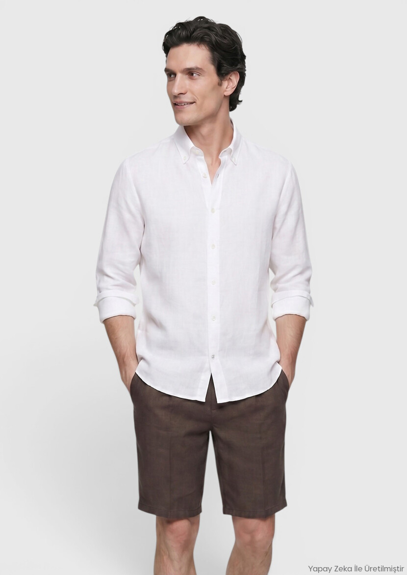 Beyaz Düz Casual Fit Uzun Dokuma Casual %100 Keten Gömlek - RAMSEY