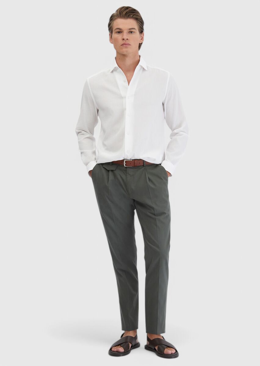 Beyaz Düz Casual Fit Uzun Dokuma Casual %100 Pamuk Gömlek - 2