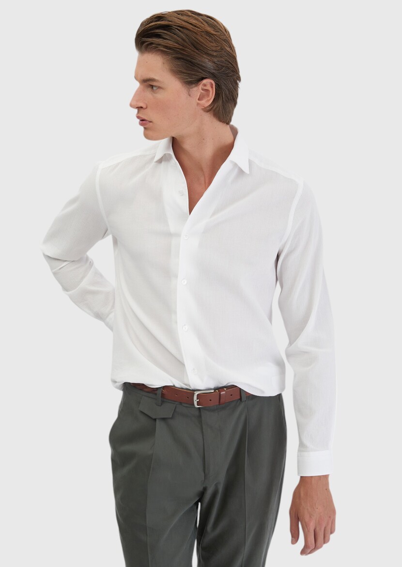 Beyaz Düz Casual Fit Uzun Dokuma Casual %100 Pamuk Gömlek - 3