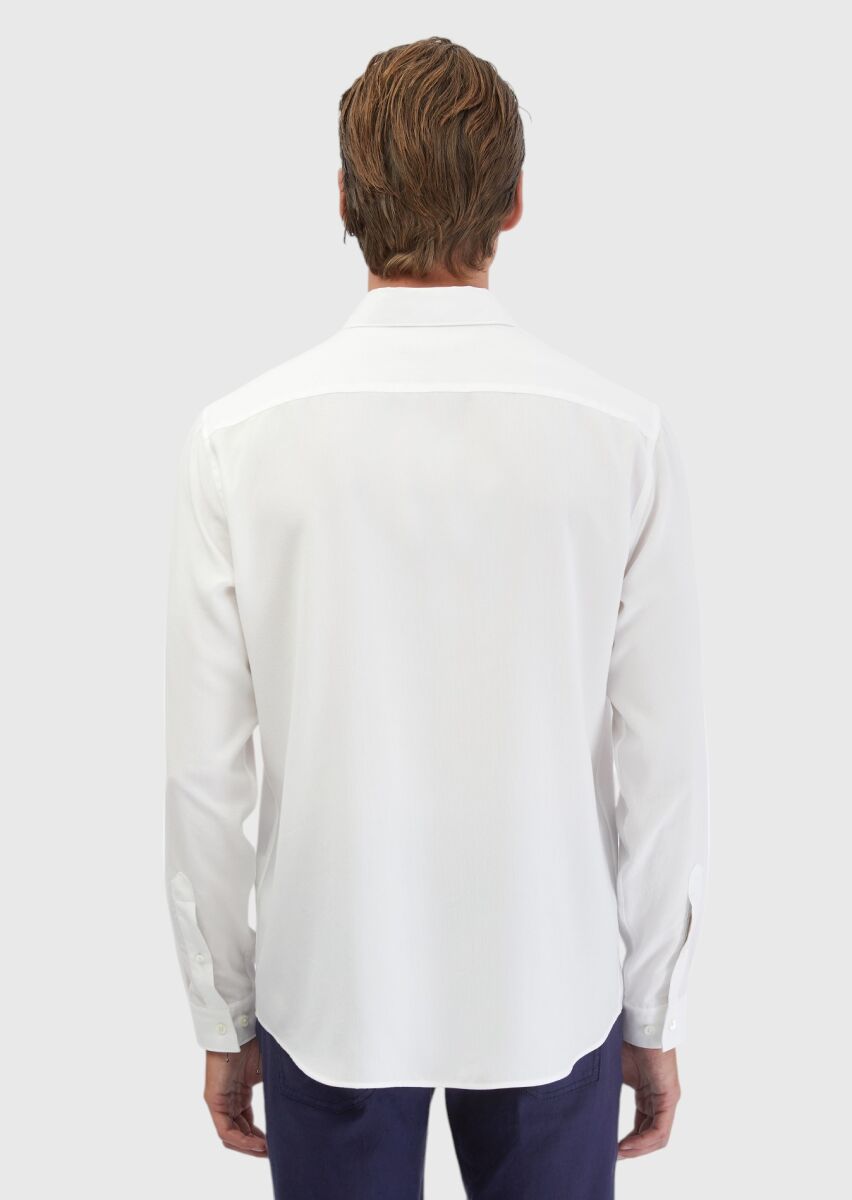 Beyaz Düz Casual Fit Uzun Dokuma Casual Gömlek - 6