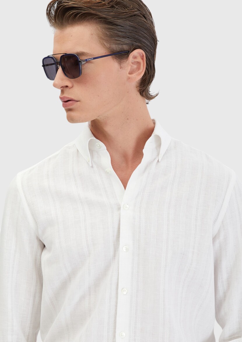 Beyaz Düz Casual Fit Uzun Dokuma Casual Pamuk Karışımlı Gömlek - 4