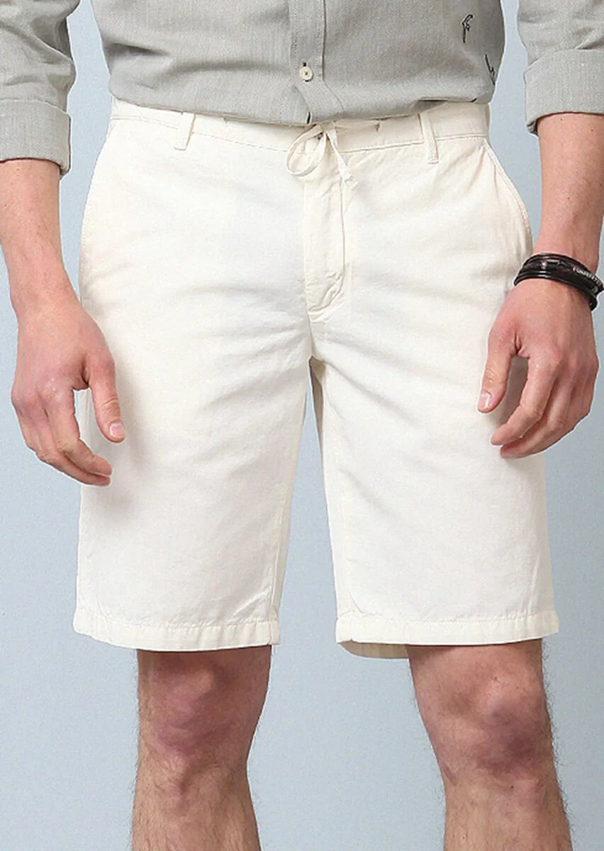 Beyaz Düz Dokuma Regular Fit Casual Pamuk Karışımlı Bermuda - 3