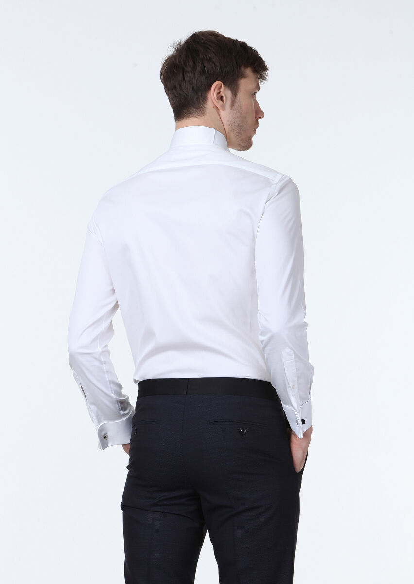 Beyaz Düz Fitted Fit Duble Manşet Ata Yaka Smokin Gömlek - 4