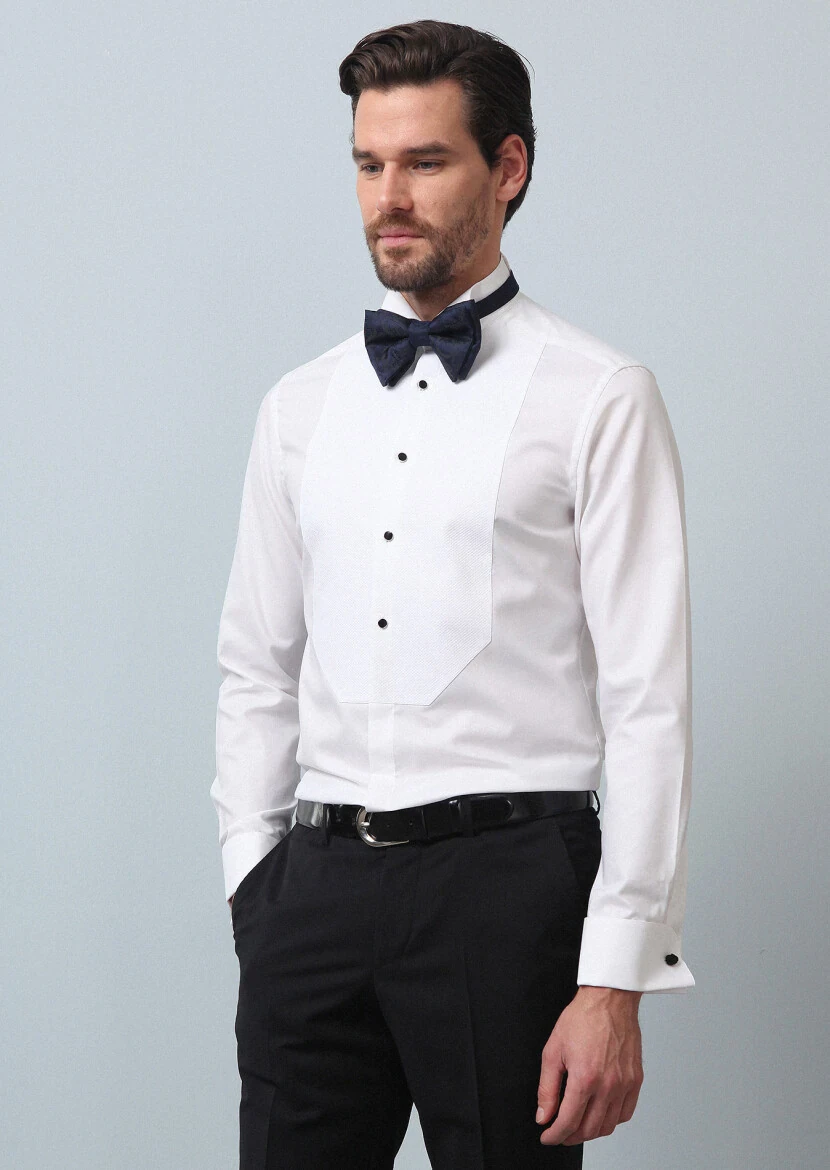 Beyaz Düz Fitted Fit Duble Manşet Ata Yaka Smokin Gömlek - 4