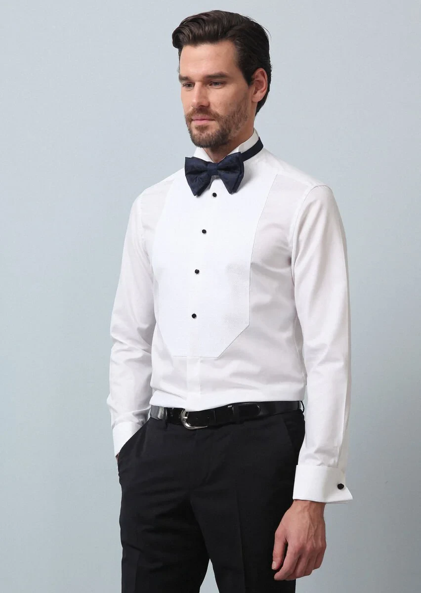 Beyaz Düz Fitted Fit Duble Manşet Ata Yaka Smokin Gömlek - 4