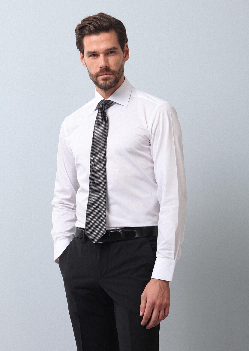 Beyaz Düz Fitted Fit Uzun Dokuma Klasik Pamuk Karışımlı Gömlek - 4