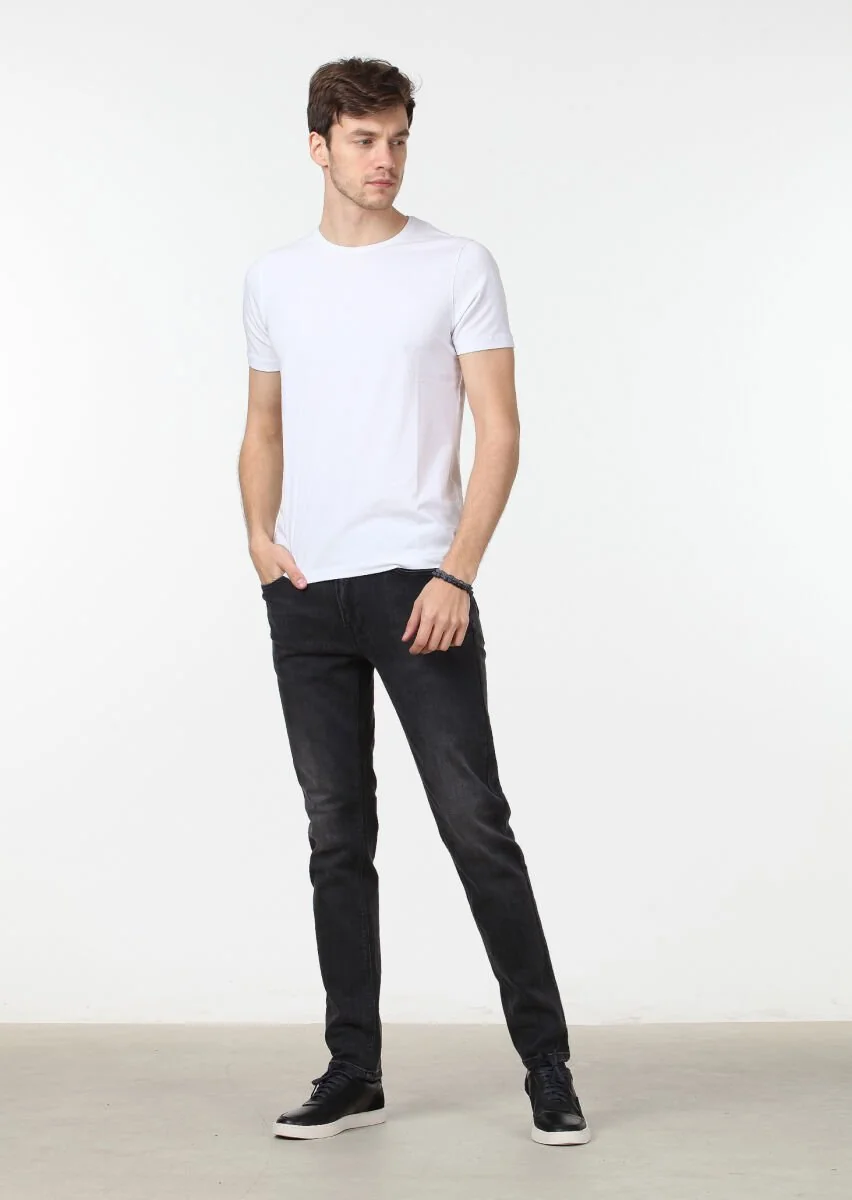 Beyaz Düz Pamuk Karışımlı T-Shirt - 2