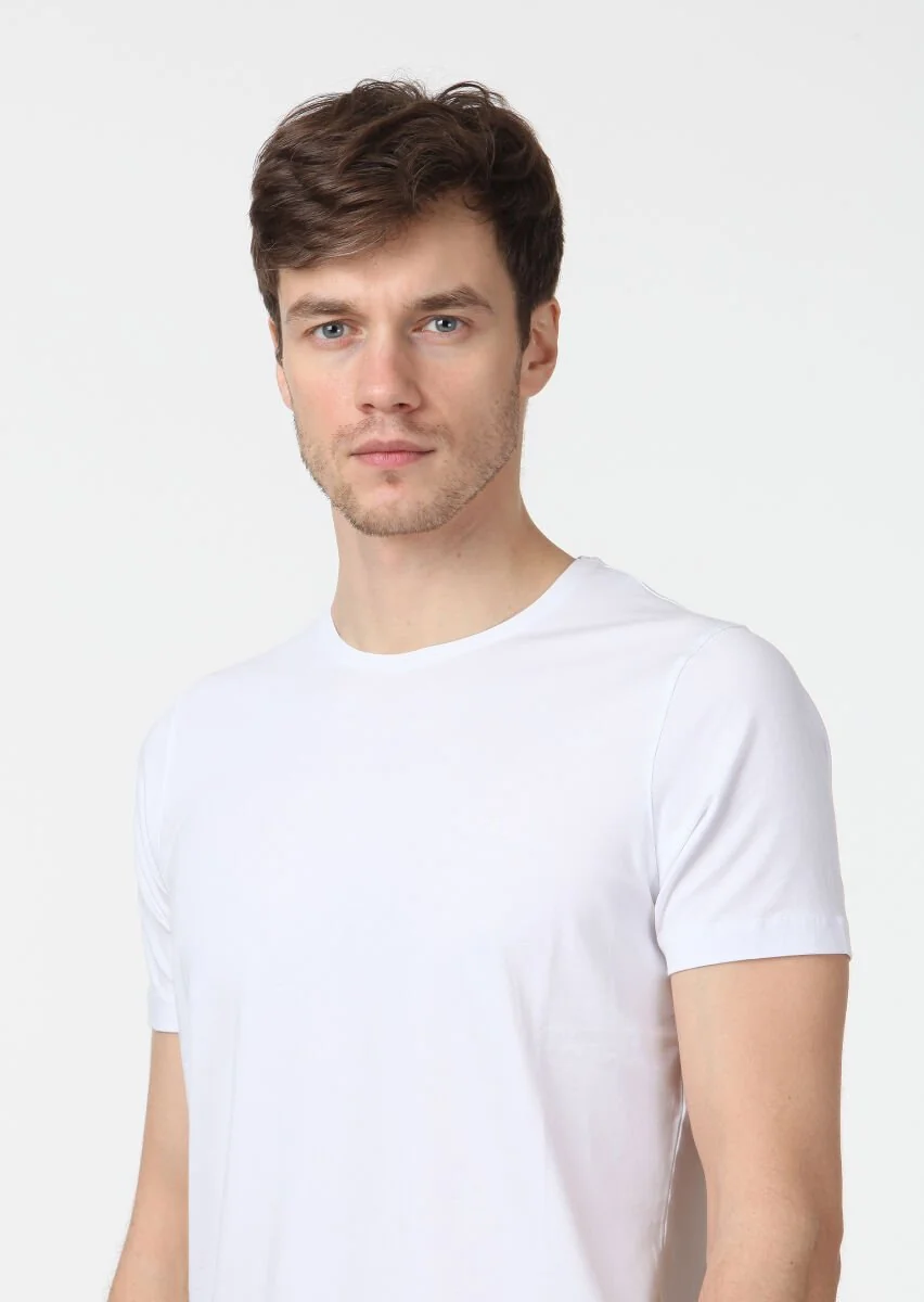 Beyaz Düz Pamuk Karışımlı T-Shirt - 3