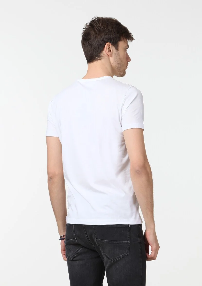 Beyaz Düz Pamuk Karışımlı T-Shirt - 4