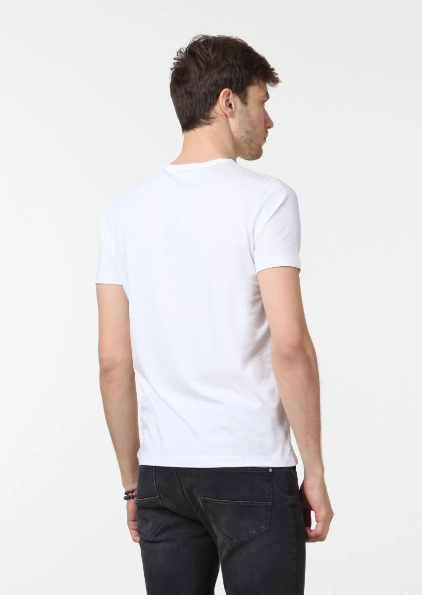 Beyaz Düz Pamuk Karışımlı T-Shirt - 4
