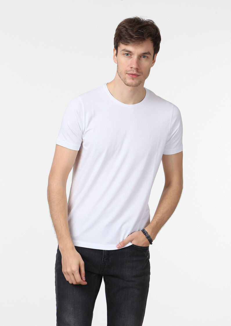 Beyaz Düz Pamuk Karışımlı T-Shirt - 1