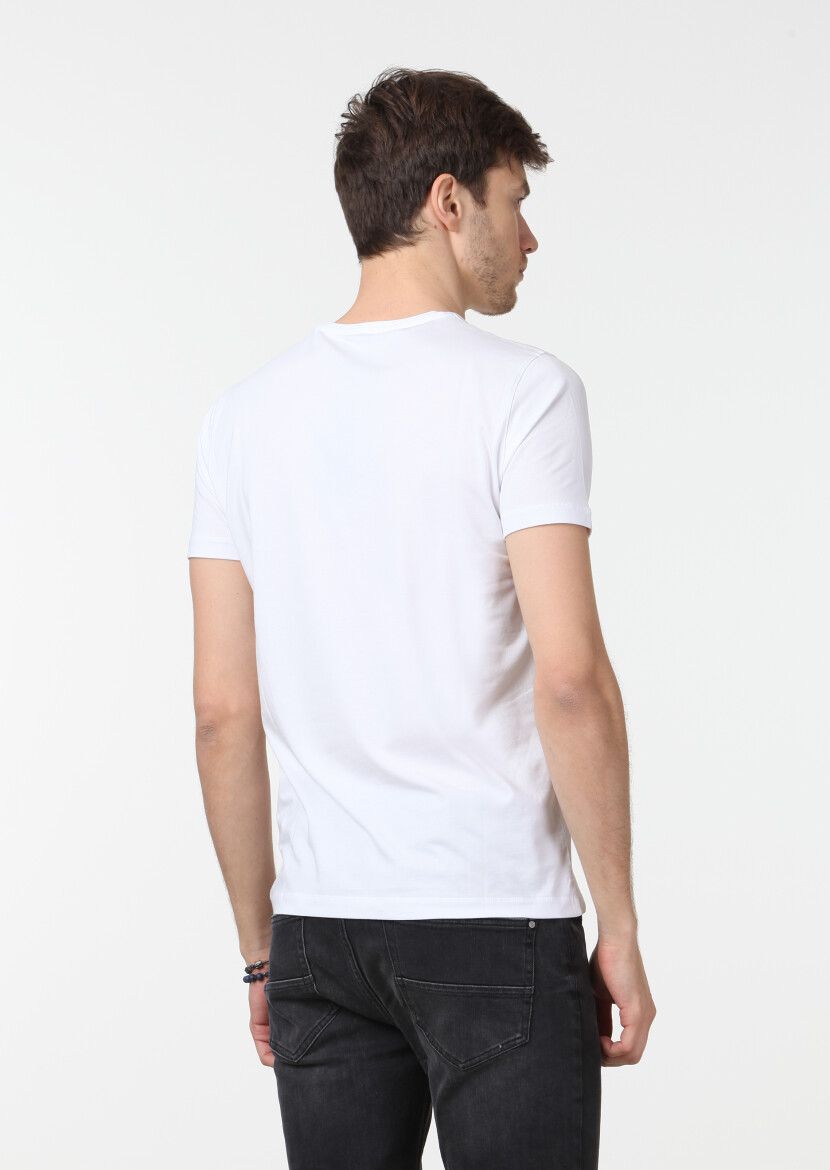 Beyaz Düz Pamuk Karışımlı T-Shirt - 4