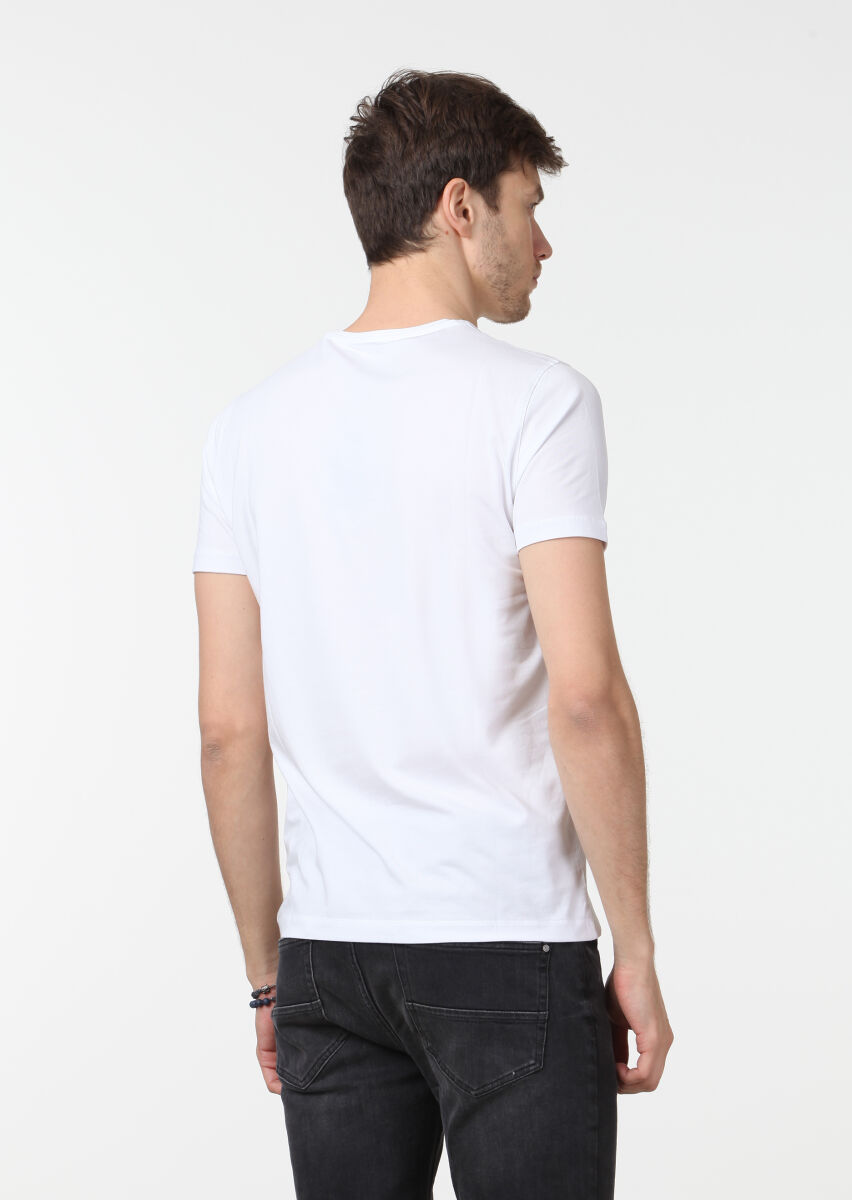 Beyaz Düz Pamuk Karışımlı T-Shirt - 4