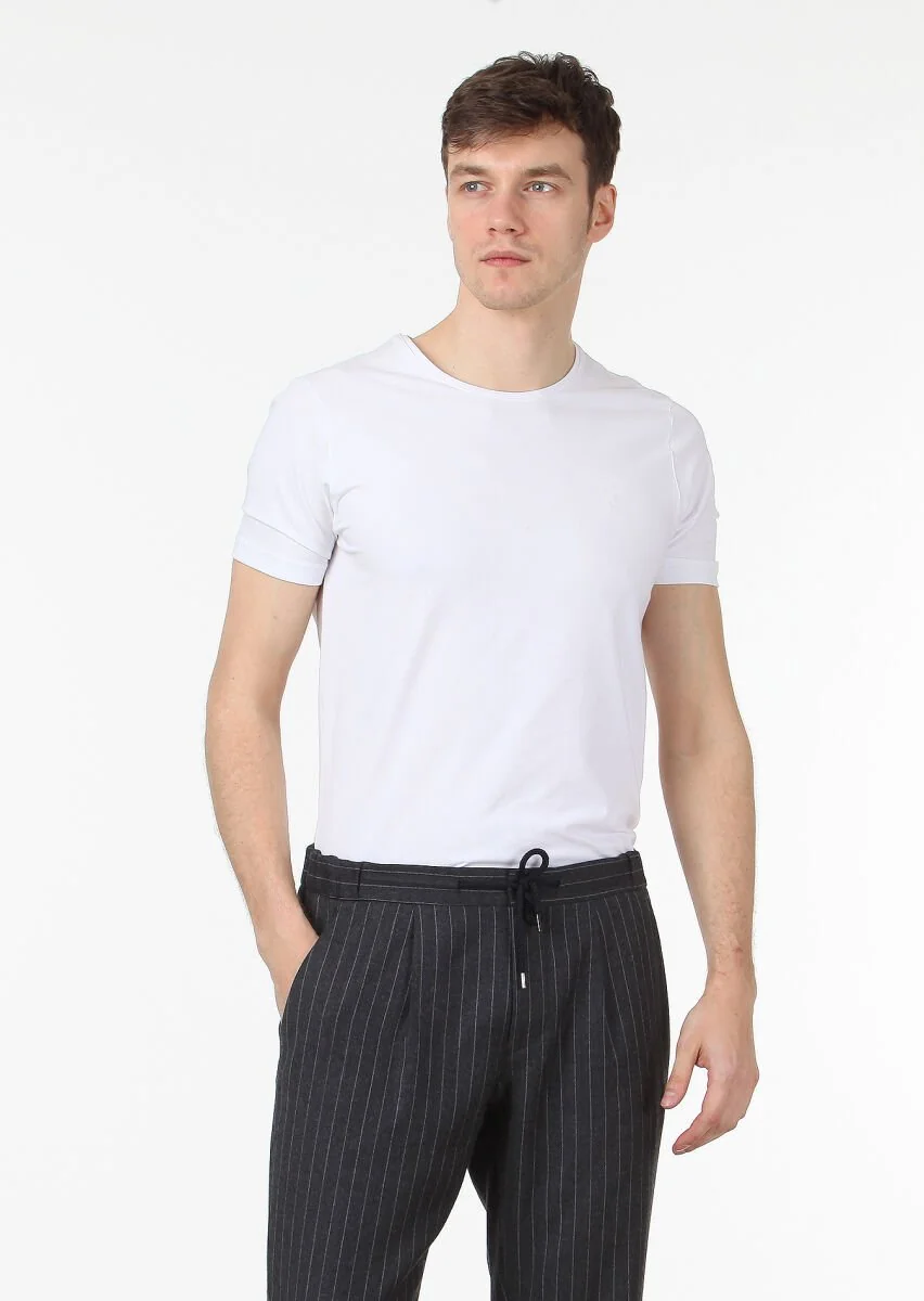 Beyaz Düz Pamuk Karışımlı T-Shirt - 1