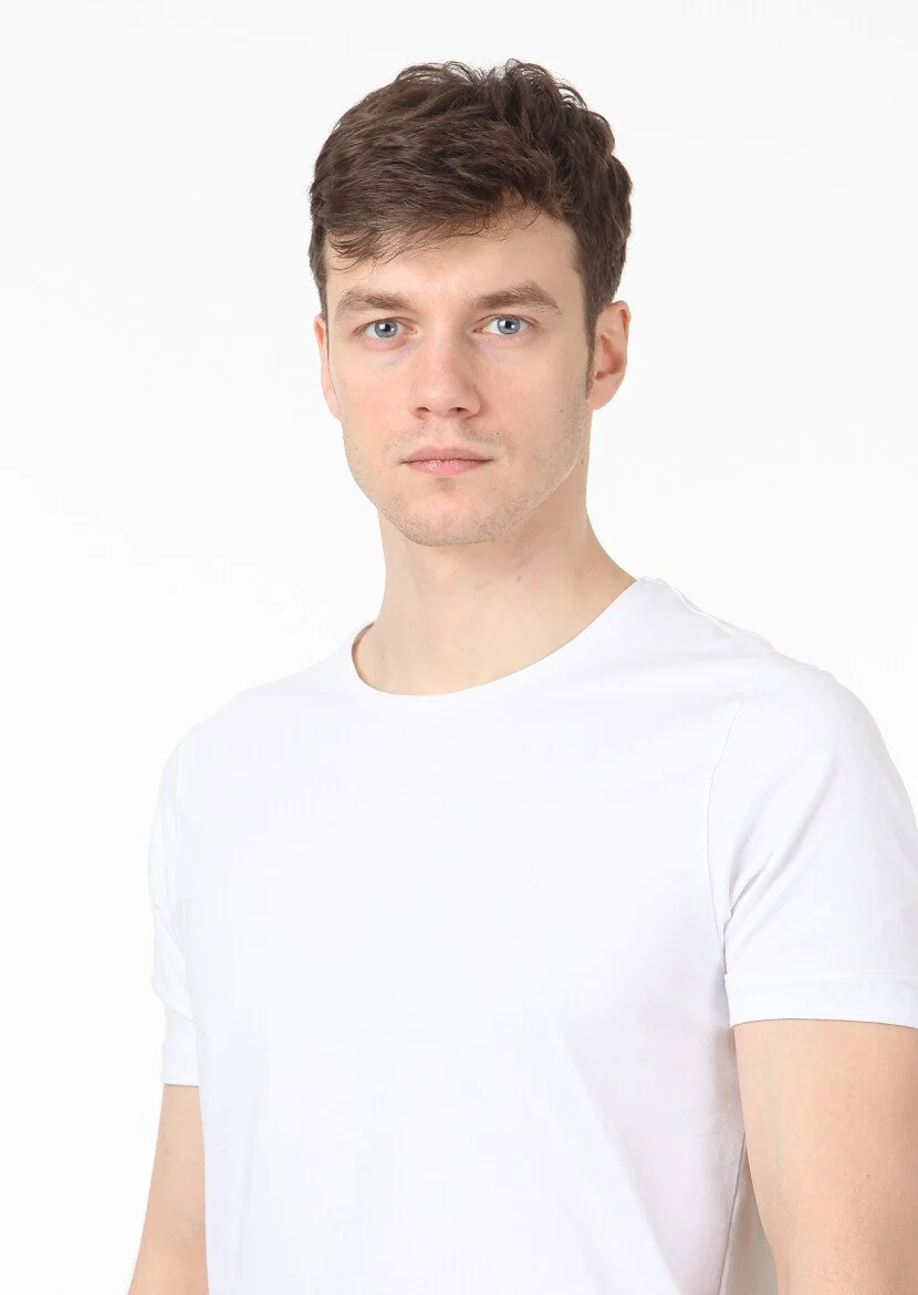 Beyaz Düz Pamuk Karışımlı T-Shirt 
